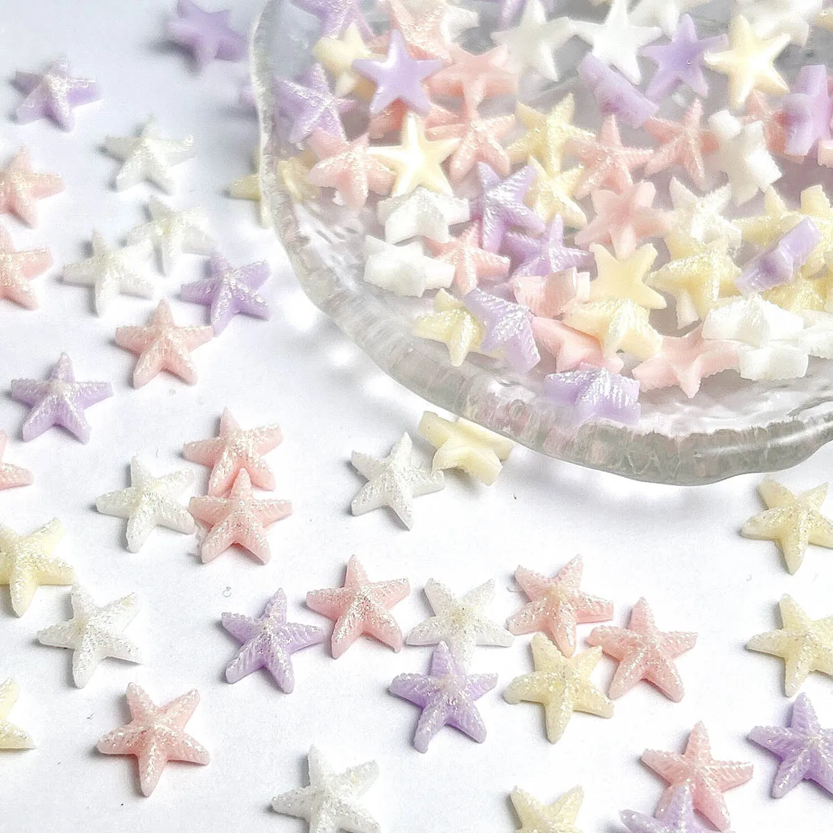 60PCS Dreamy Luminous Sweet Starfish Nail Charms 3D Solid Color Fine Glitter Star Resin Nail Art Decorations for DIY Nails Parts