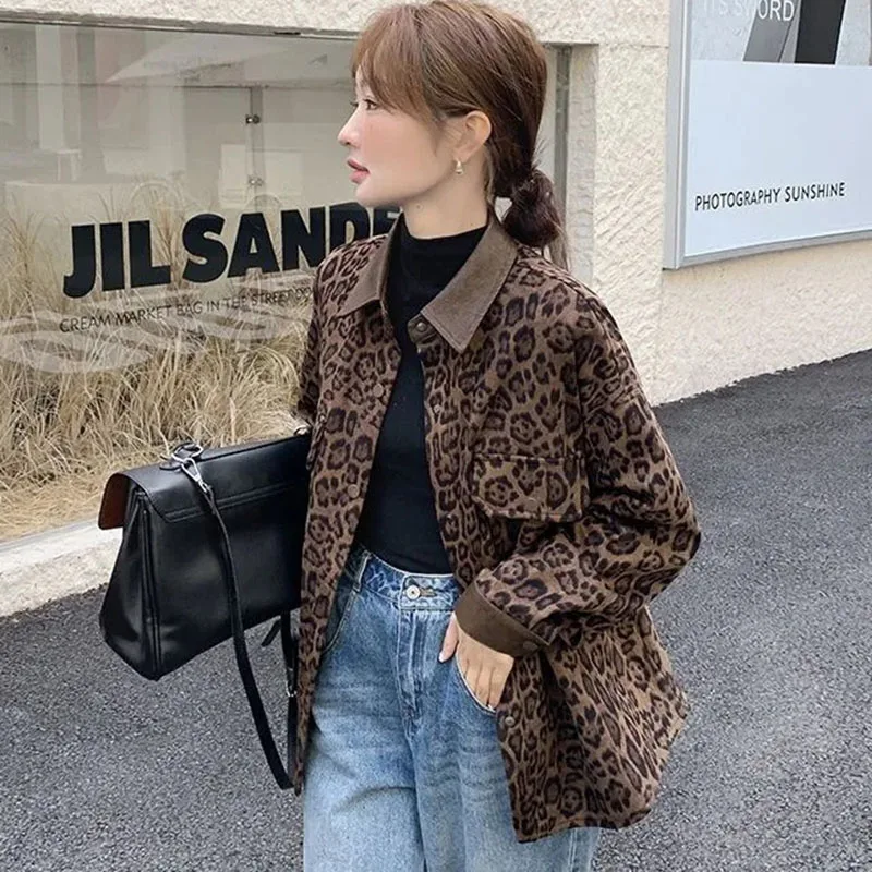 Female High End Leopard Print Workwear Shirts Korean Ladies Lapel Patchwork Blouse Autumn Women Fashion Long Sleeved Shirt Tops