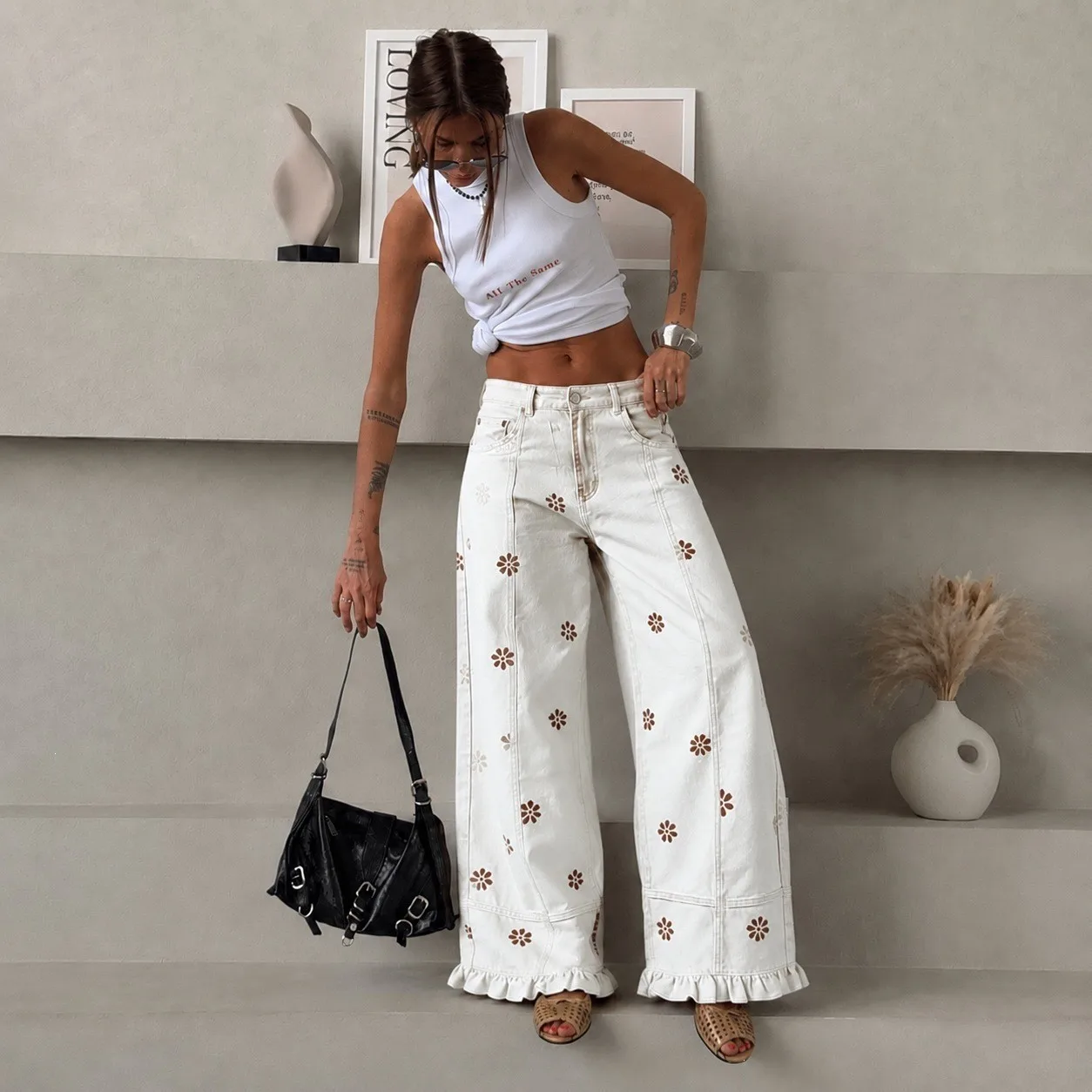 No Stretch Ruffle Jeans Full Length Casual with Mid Rise Regular Thickness Literary Vintage Loose Fit Vintage Women Jeans