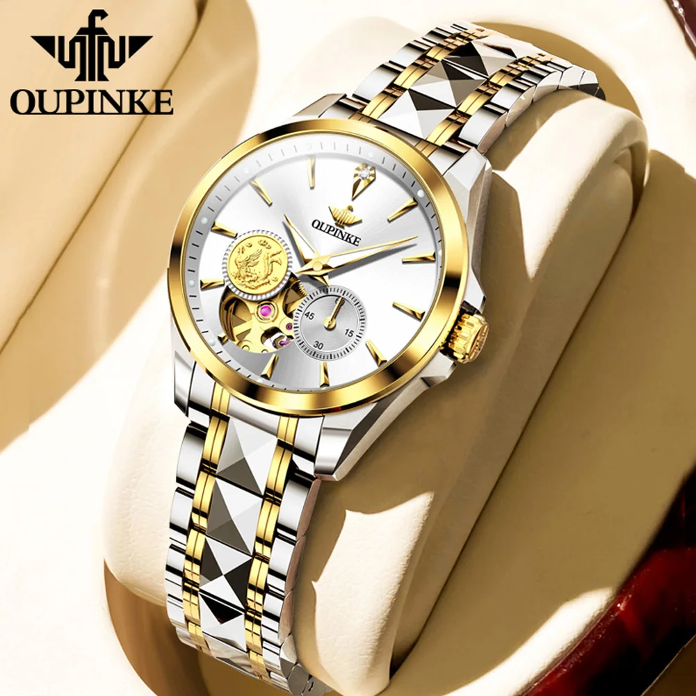 OUPINKE Original Luxury Women's Watch Tungsten Steel Real Gold Real Diamond Automatic Mechanical Watch for Lady Sapphire Fashion