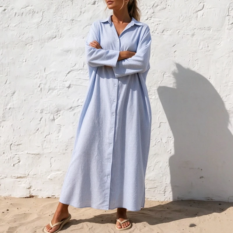 Spring new plus size ladies cotton and linen striped cardigan loose temperament commuter irregular dress 4