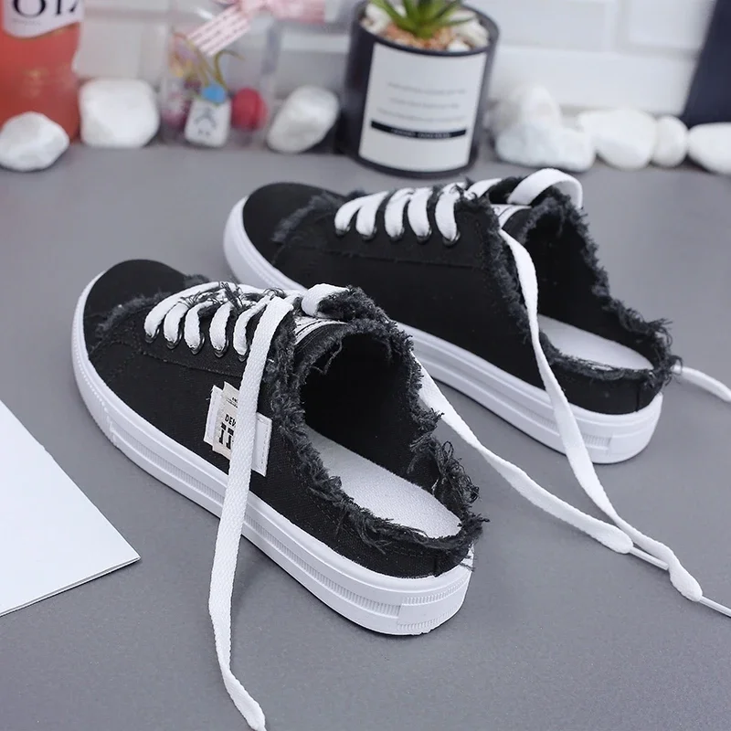 New 2023 Spring Summer Women Canvas Shoes flat sneakers women casual shoes low upper lace up white shoes Large size 43