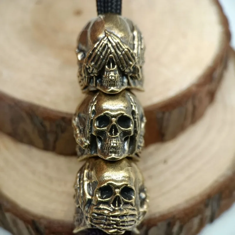 Three Sided Skull Head Brass Knife Beads EDC Outdoor DIY Paracord Woven Lanyard Keychain Charms Jewelry Accessories