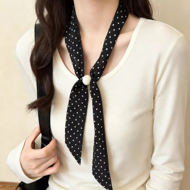 Elegant Long Ribbons Dot Patterns Accented By Lustrous Round Beads For Sophisticated Ponytail Styling And Neck Accessories