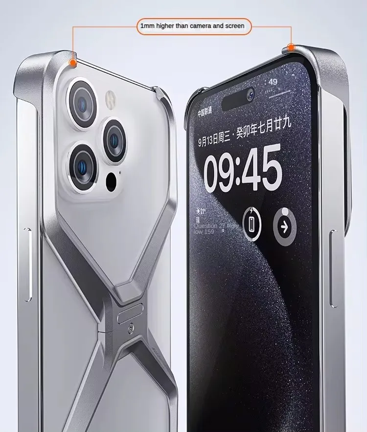 Aluminum Alloy Removable Rimless Phone Case For iPhone 13 14 15 Pro Max Shockproof Phone Cover Heat Dissipation Armor X Type