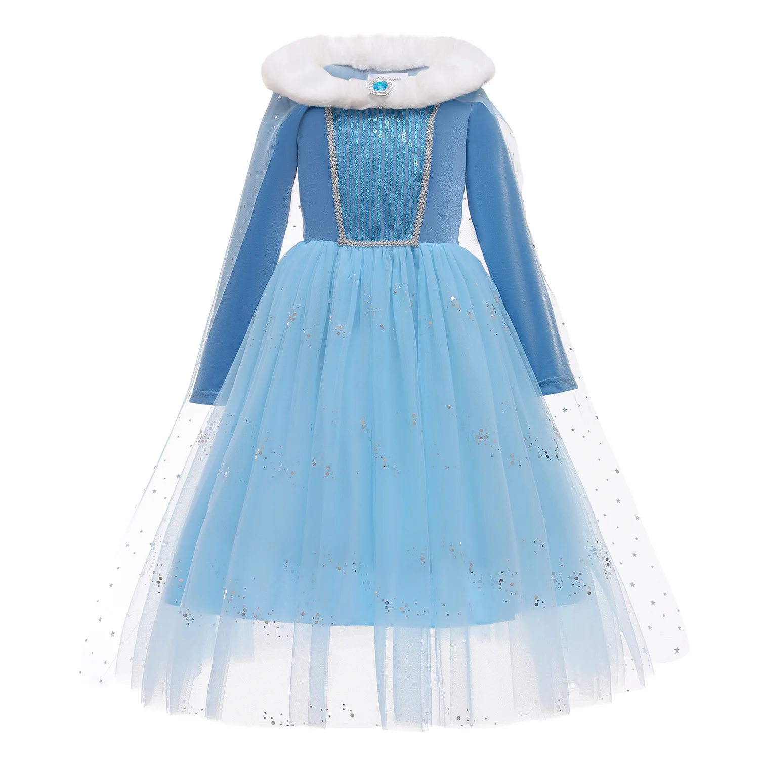 Gaun Cosplay Elsa Kartun Halloween dengan Jubah Anak Perempuan Gaun Putri Payet Beludru Musim Dingin Gaun Elegan Karnaval Anak-anak