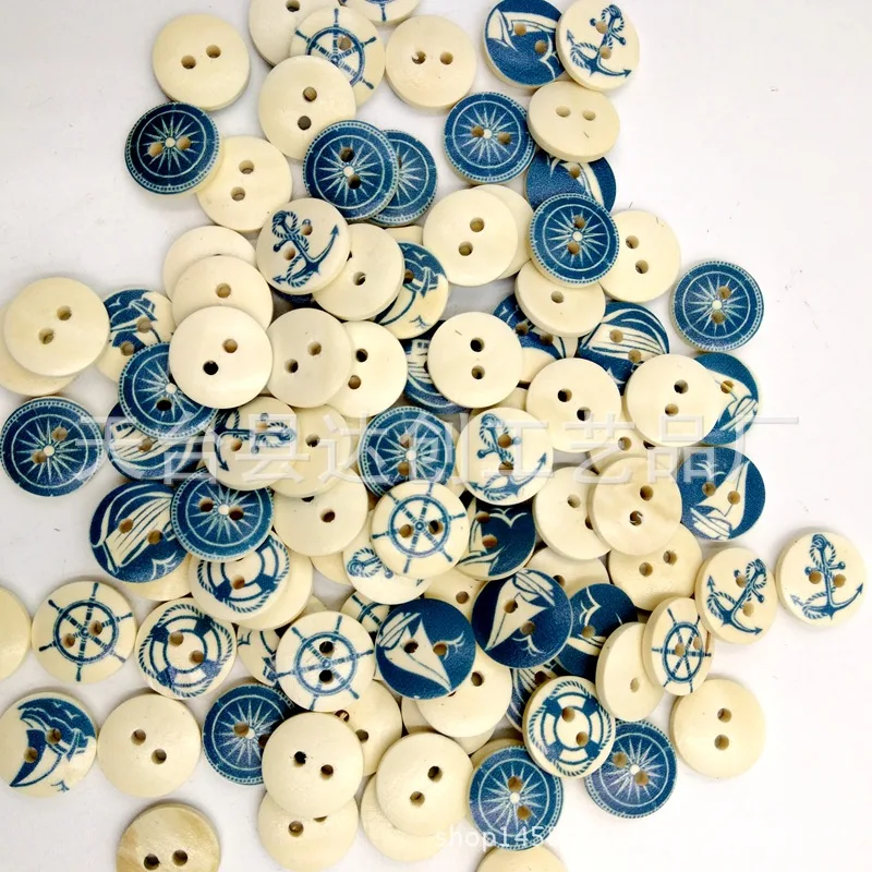 Bouton série bleu marine 15 mm, voilier, bouton à deux yeux, boucle d'ancrage à bouton en bois
