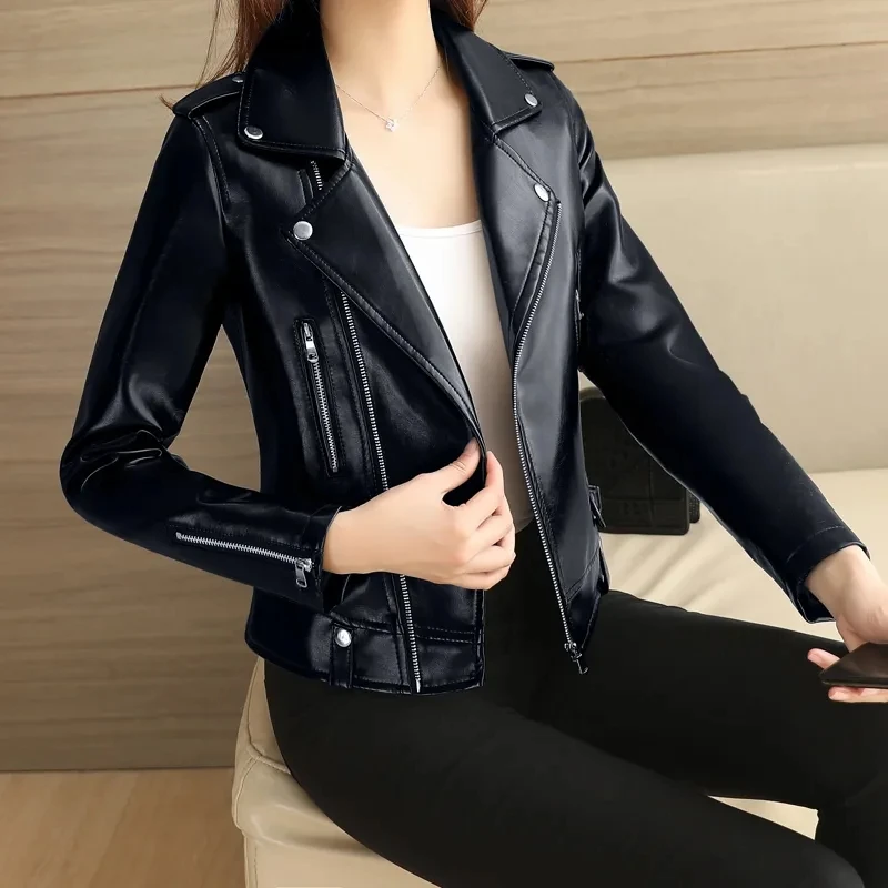 

New Autumn Winter Women Short PU Jacket Korea Style Slim Fashion Punk Outwear Motorcycle Leather Jacket Casual Coat Big Size 7XL