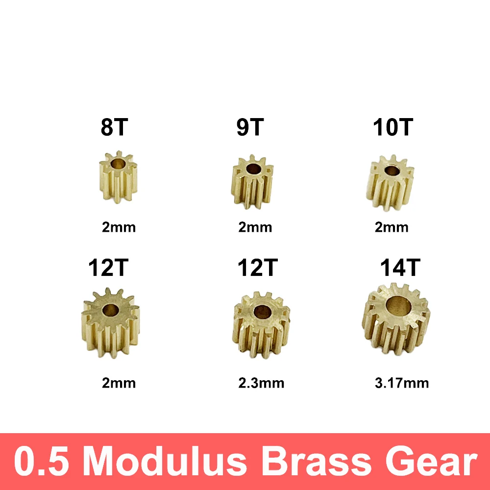 0,5 Modulus-engranaje de transmisión de piñón, engranaje de latón de cobre y Metal, Motor de ajuste, eje de 2mm, 2,3mm, 3,17mm, coche de juguete RC DIY, 8T, 9T, 10T, 12T, 14T