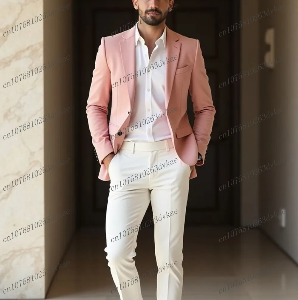 

New Pink And White Men Suit Groom Groomsman Wedding Party Prom Formal Occasion Business Tuxedos 2 Piece Set Blazer Pants