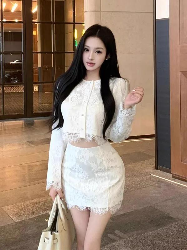 

Lace Shirt And Skirt Set Unique Stylish French Style Two-Piece Suit for Young Women Comfortable Cotton Blend