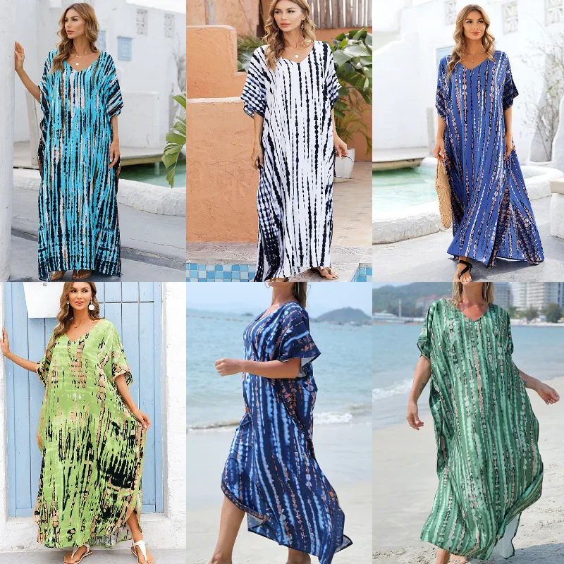 

Stylish Tie Dye Open Front Long Kimono Swimsuit Cover up for Women Kaftan Dress Cardigan with