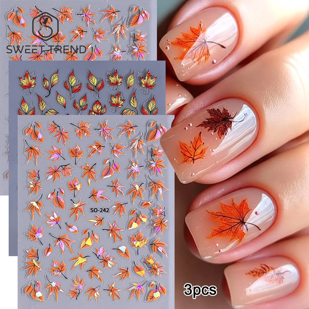 SWEET TREND-3 Stück Herbst-Nagelaufkleber, 3D-Ahornblatt, selbstklebende Nagelaufkleber zum Selbermachen, Thanksgiving Day Maniküre-Dekoration – Detail 2