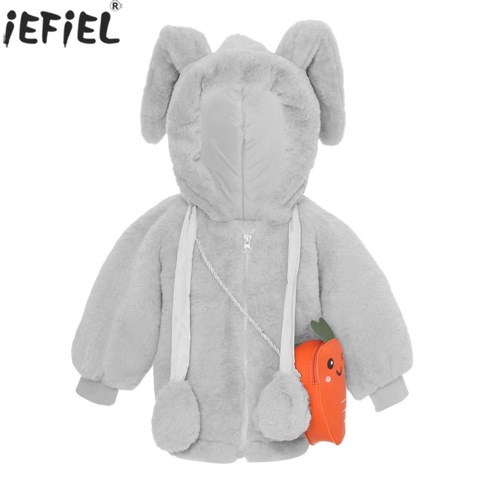 Boys Girls Winter Thicken Fuzzy Warm Hooded Coat Long Sleeve Cute Rabbit Ears Outerwear with Carrot Bag Daily School Costume