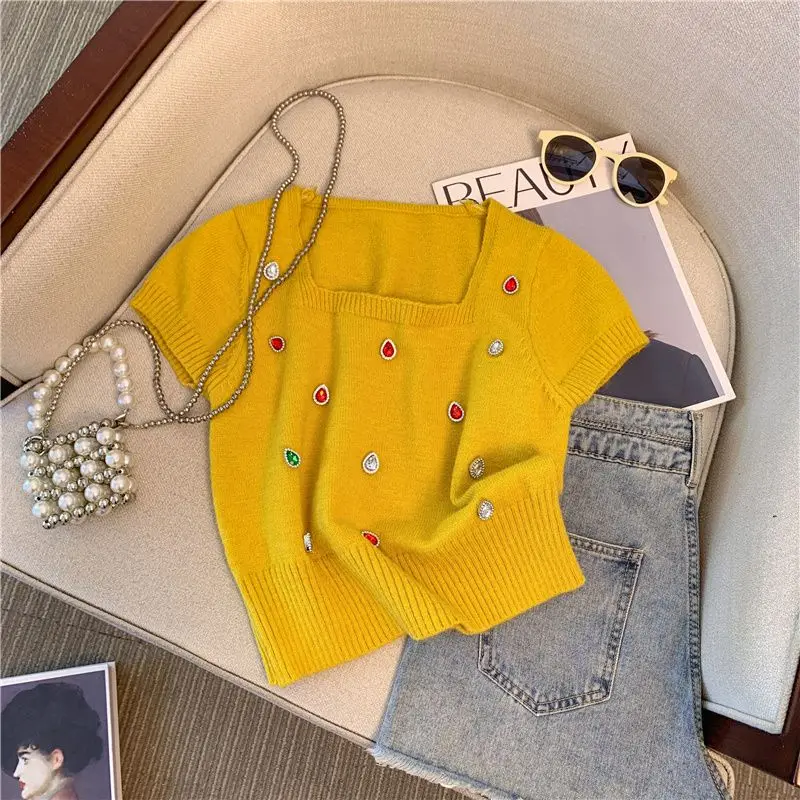 Summer Vintage Elegant Square Collar Slim Short Sleeve Tops Women's Fashion Diamond Elastic Knitted T-Shirt