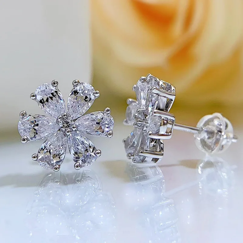 

Pure 925 Silver Stud Earrings for Women Girl Flower Shape Cute Birthday Gift Moissanite Similar Diamond