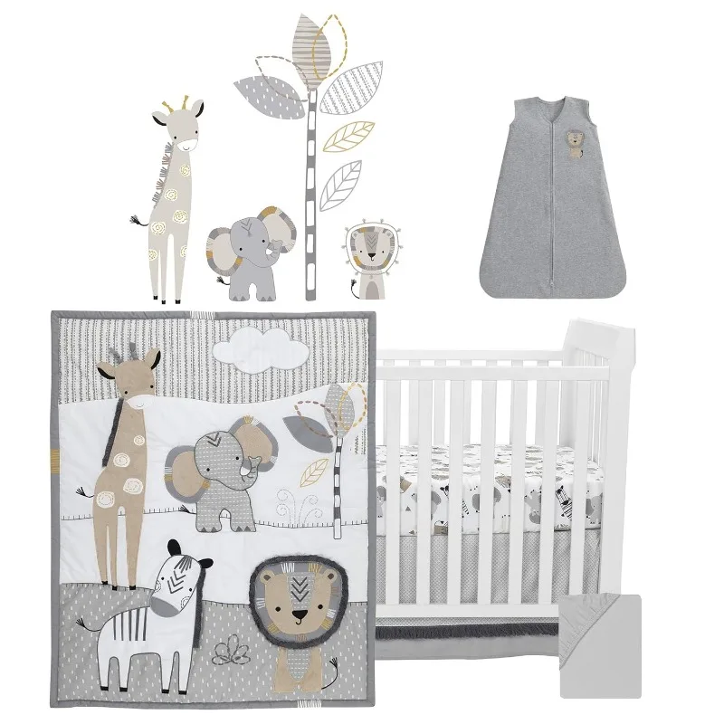 Jungle Safari Gray/Tan/White Nursery 6-Piece Baby Crib Bedding Set