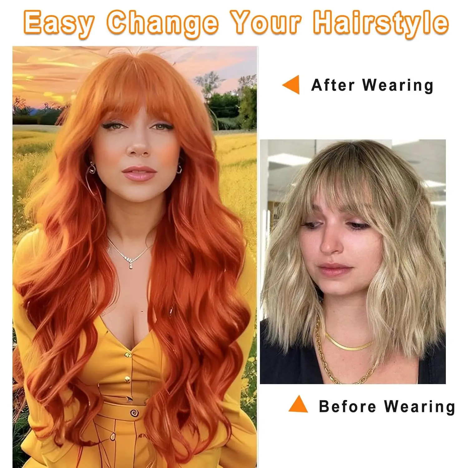 Orange Wigs with Bangs 26 Inch Long Orange Curly Wavy Wigs Wear for Women Looking Synthetic Heat Resistant Wig for Party Use