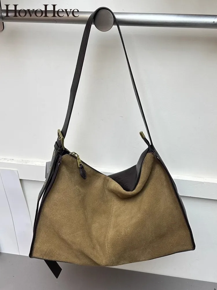 

Autumn Women Large Capacity Shoulder Bag Vintage Suede Leather Spliced Pu Leather Totes Handbag Patchwork Strap Crossbody Bags
