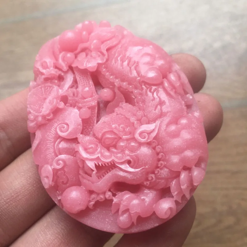 Natural Raw Stone CarvingLotus Powder Su Ji Stone Fortune Seeking Happiness Ensuring, and Safety, Kirin Handmade Carving Pendant