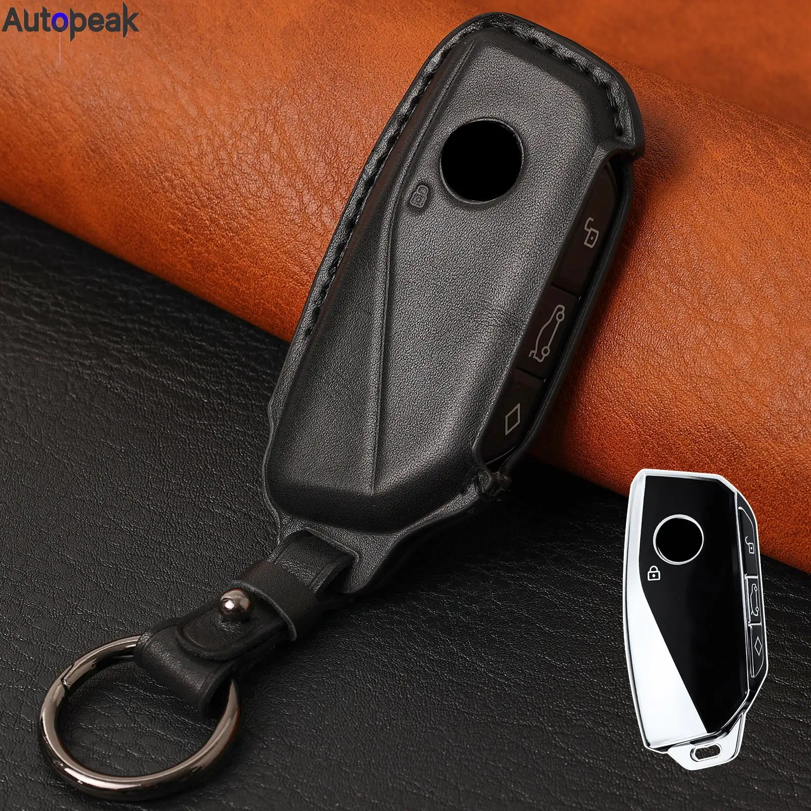 

Genuine Leather Key Case Cover Protector 3 Button Zinc Alloy Key Ring Chain For BMW Ix I7 X7 Xm X5 7 Series 2021 2022 2023 2024