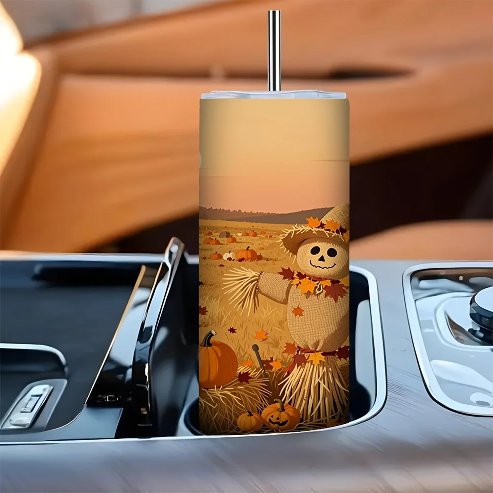 1ps Halloween and Christmas 20oz Insulated Stainless Steel Tumbler with Straw, Reusable Drinking Cup for Daily Home Office Outdoor Travel Use, Fall Harvest Scarecrow Pumpkin Rural Farm Print, Water Cup for Hot Cold Drinks Holiday Party Gift