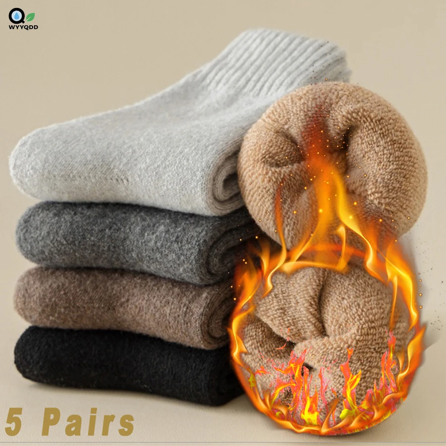 5 pares de calcetines de lana gruesos de otoño e invierno, calcetines casuales de tela de rizo de Color sólido para hombre, calcetines de lana cálidos para mujer