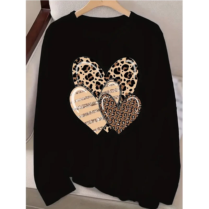 Women's Leopard and Glitter Heart Graphic Print T Shirt Ladies Long Sleeve Crew Neck T-Shirt Autunm Winter Casual Tees Tops