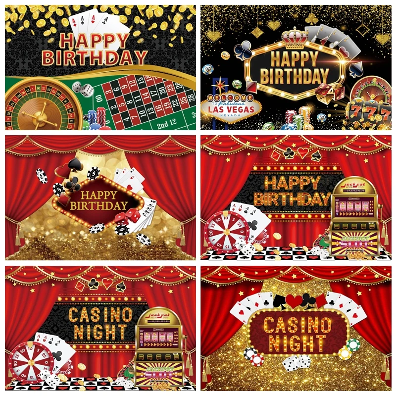 Las Vegas Casino Night Photography Backdrop Playing Card Roulette Red Curtain Birthday Party Decor Photo Background Studio Props