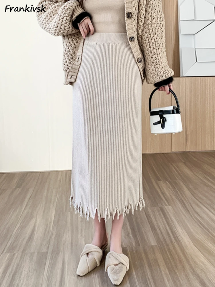 

Raw Edge Skirts Women Vintage Knitwear Maxi Elastic Waist Stretchy Straight Ins Autumn Winter Sweet Aesthetic Streetwear Solid