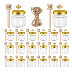 20PCS 1.5/2OZ Honey Glass Hexagonal Party Favors Empty  Bee Pendants Gold Lid Mini Hexagons Glass Honey Jar With Wooden Dipper