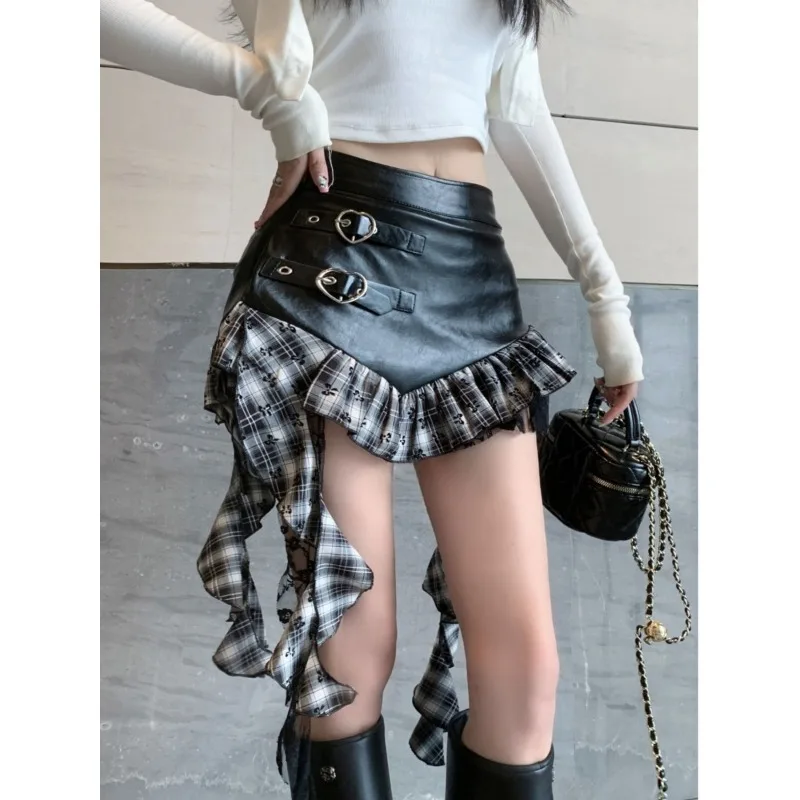 Dark Romantic Punk Plaid Plaid Skirt Streamer Skirt Design Sweet Cool Lace Stitching Irregular Babes Autumn and Winter Dresses