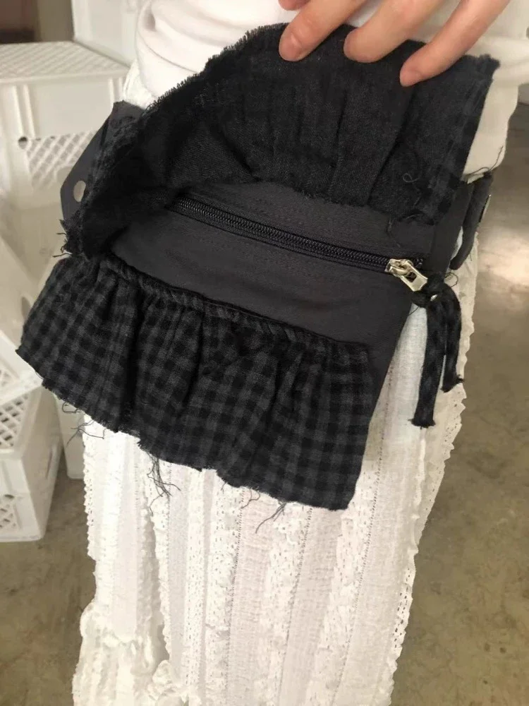 

Checkered Shoulder Bags Street Grid Pattern Lotus Leaf Edge Belt Double Zipper Waist Bag