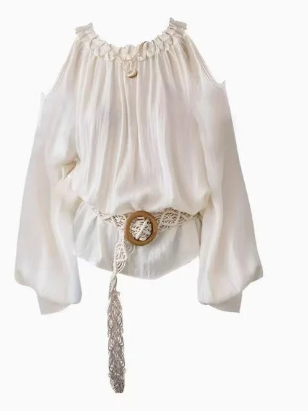 

Loose Long Sve irt Women Spring Summer New Sle Folded Collar oulder Exposure Slimming Ne Hanging Women's Top