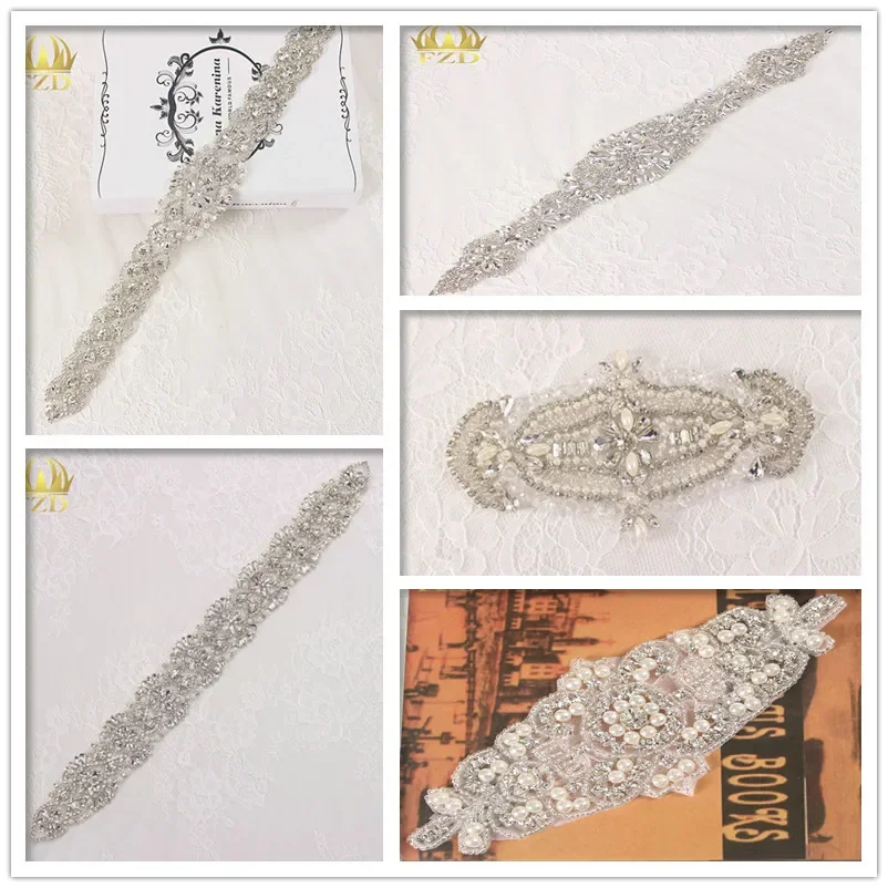 

(5pieces) Wholesale Beaded Bridal Iron On Sewing Hot Fix Handmade Rhinestone Appliques and Trim for Wedding Dresses Belt Garter