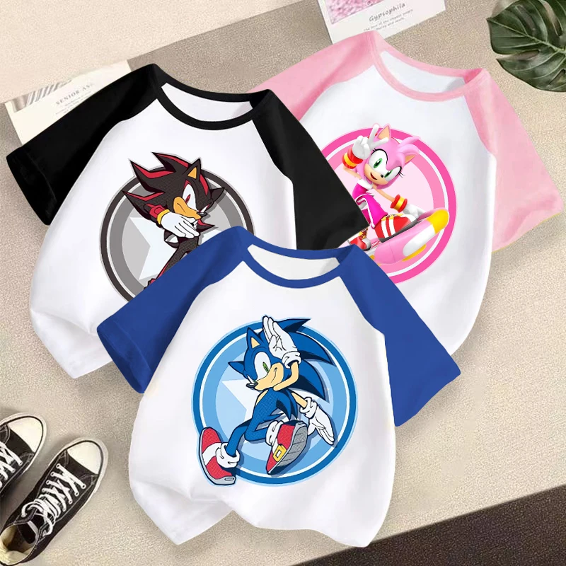 New Sonics Splicing Design T-shirts for Children Anime Cartoon Cute Short Sleeved Shirt Boys Girls Summer Fashion T-shirt Gifts