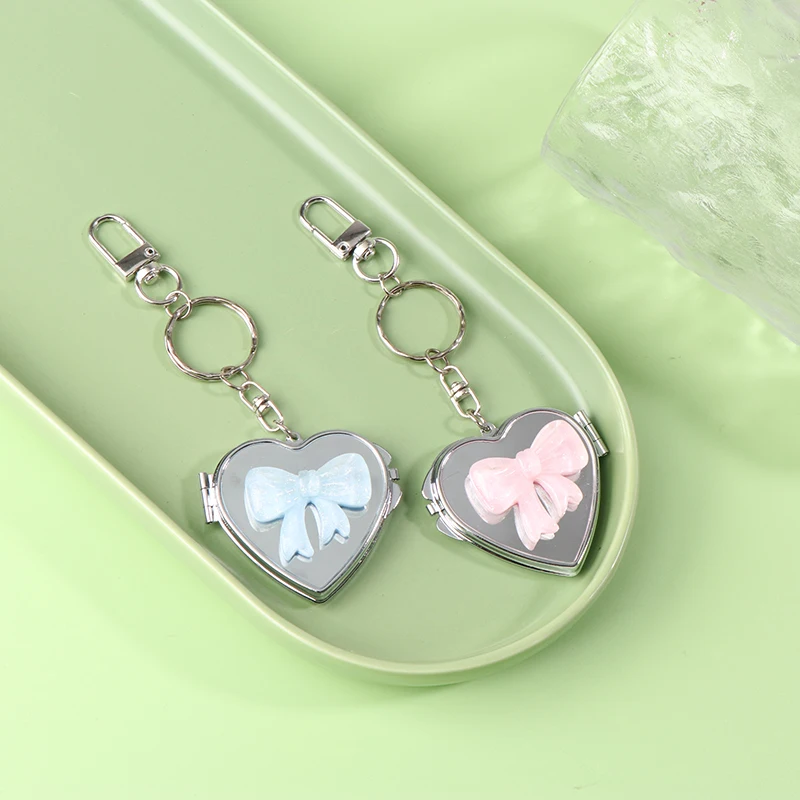 Metal Key Chain With Heart Shaped Bow Mirror Bag Pendant Sweet Cool Style Trendy Fashion Pendant