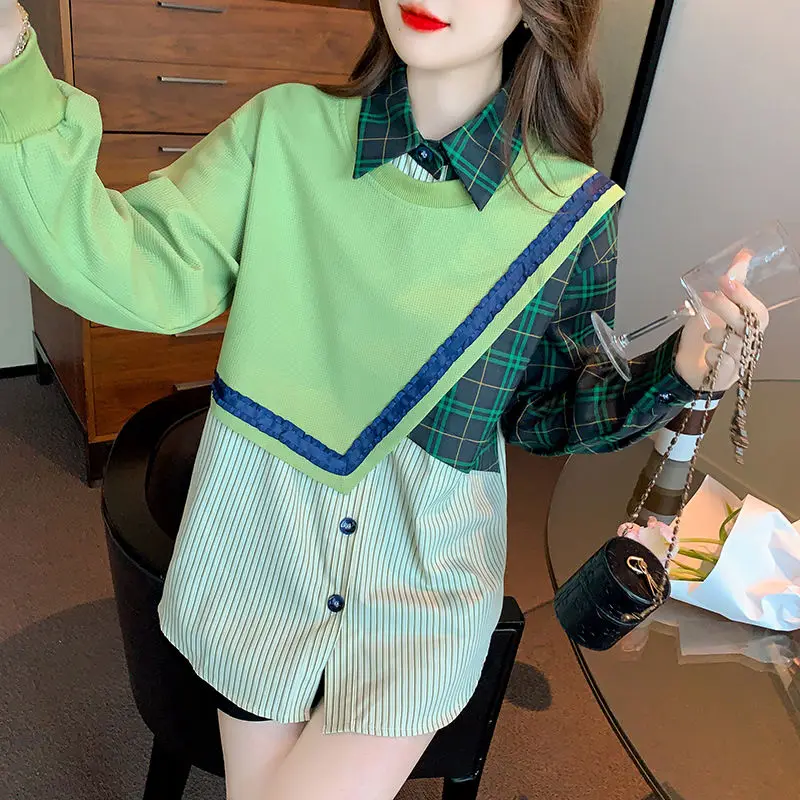 Fashion Striped Spliced Plaid Fake two pieces Shirts Female Clothing 2023 Autumn winter Asymmetrical Tops Loose Casual Blouses