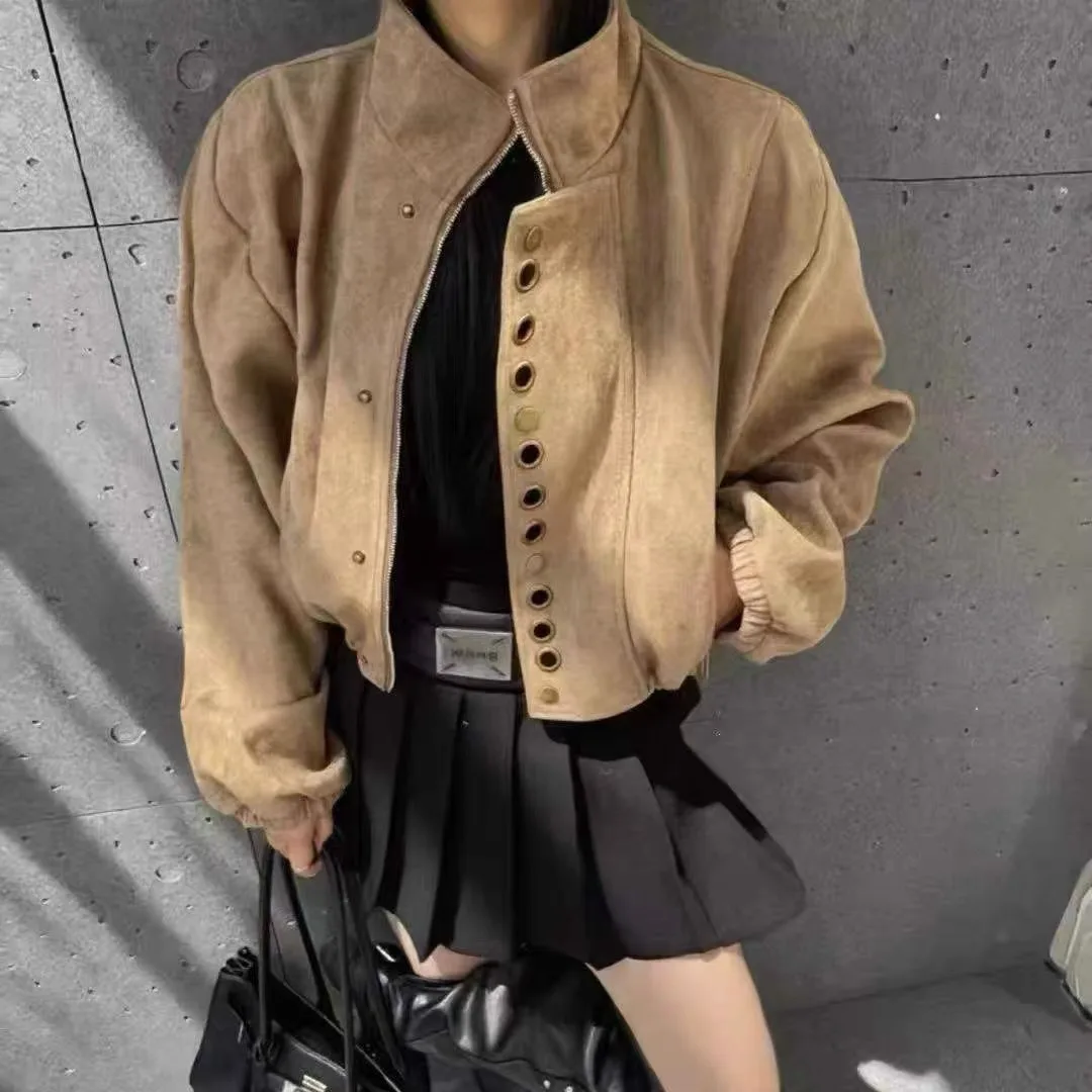 Women's Suede Jacket Coat with Drawstring Casual round Buckle Autumn Fashion Retro Short Top Synthetic Leather Long Sleeve