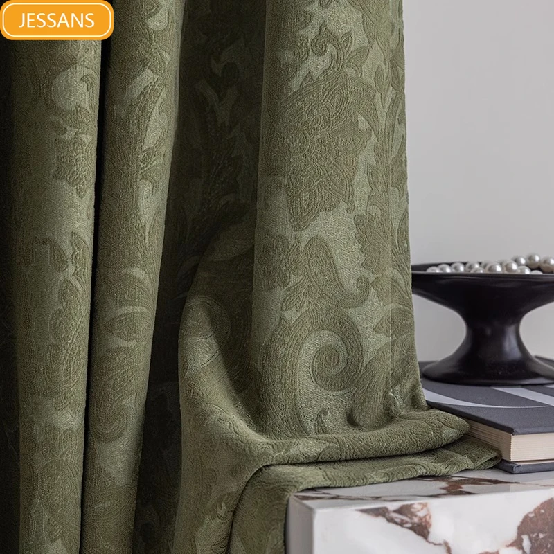 

Vintage Green European Style Chenille Jacquard Beige Curtains for Living Room Bedroom Balcony French Window Partition Curtain