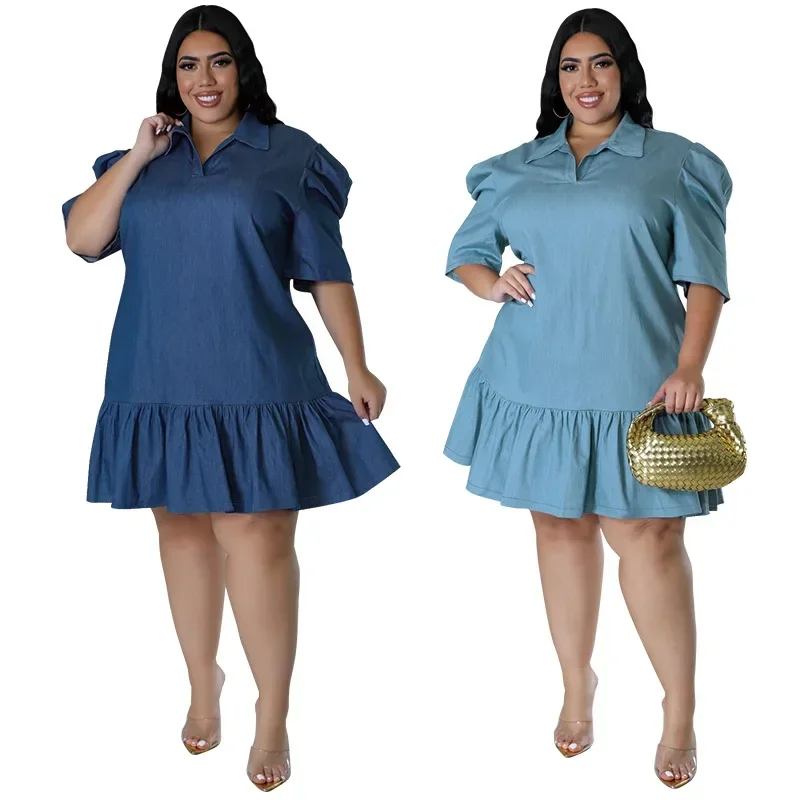 F F F 218601 - Novo vestido feminino europeu e americano plus size com gola jeans e manga curta, gordinho MM,