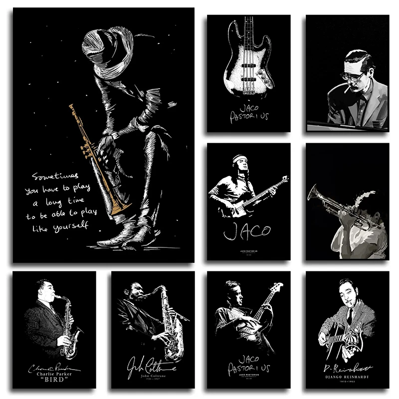1PC Black and White Jazz Musician Portrait Posters Jazzy Music Canvas Painting Prints Wall Art Pictures for Living Room Home
