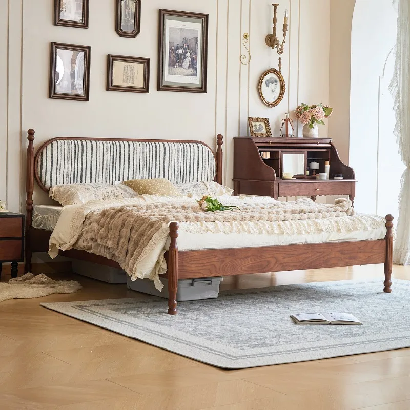 Französisches Retro-Bett aus Massivholz, antik, 1,8 Meter, Hauptschlafzimmer, kleine Wohnung, Haushaltsdoppelbett, Stoffbezug, 1,5 Meter, amerikanisch