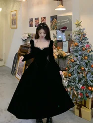 Vintage Evening Party Velvet Dresses for Woman Elegant Fashion Wedding Birthday Prom Long Sleeves Female Clothing Black Robe