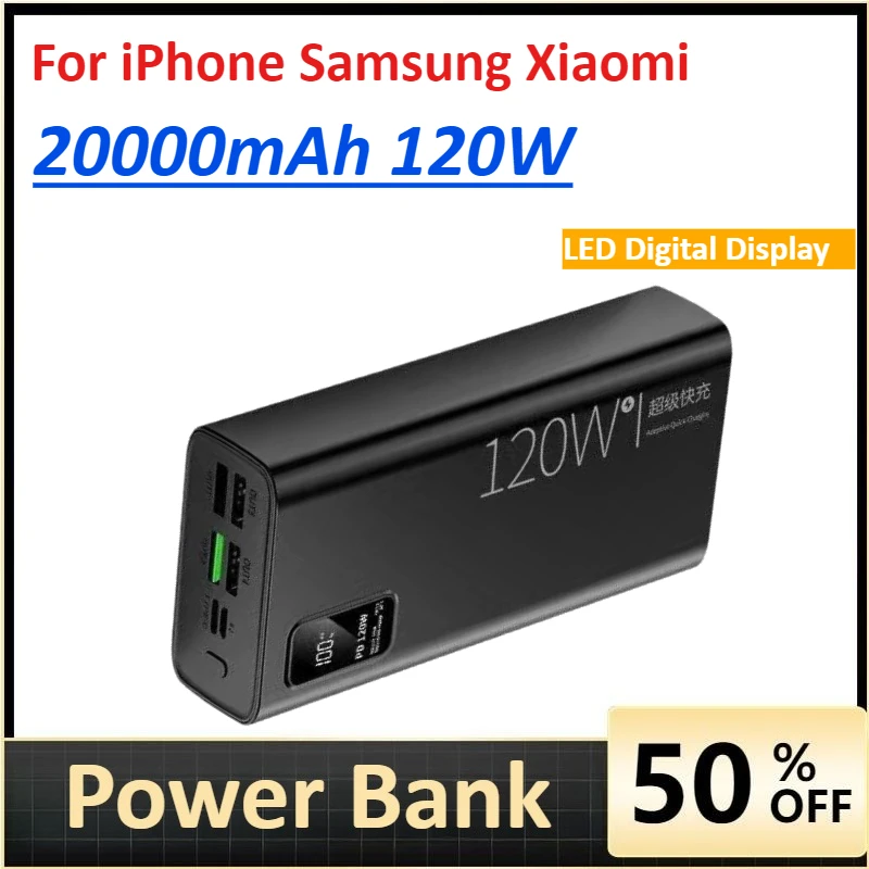 

Large Capacity 20000mAh Power Bank 120W Fast Charger For iPhone Samsung Xiaomi USB C External Spare Battery Portable