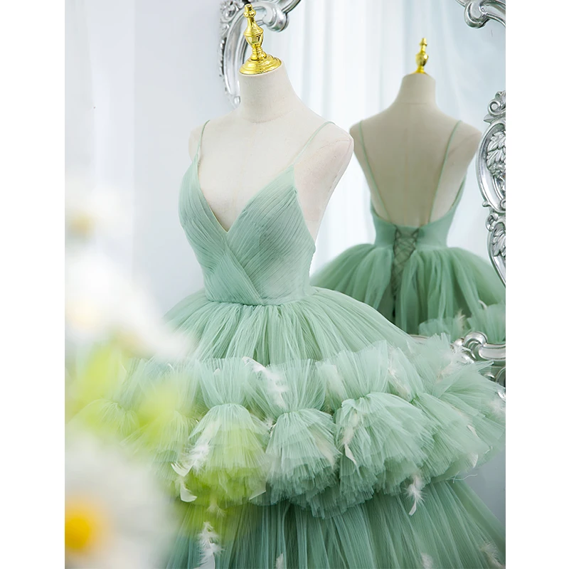 SSYFashion-vestido de fiesta verde para mujer, vestido de princesa de ensueño con cuello en V, línea A, escalonado, pastel, de noche, vestidos para ocasiones especiales