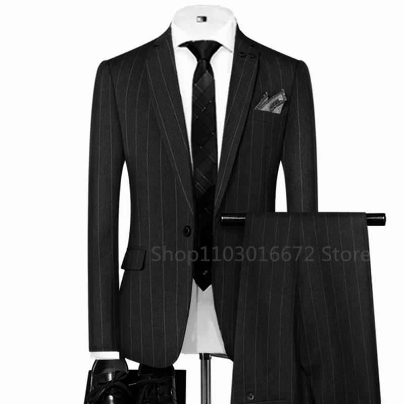 Grey/Black Striped Mens Suits Single Breasted For Wedding/Business Man Costume 2-Pieces Groom Tuxedos Best Man Blazer Pants