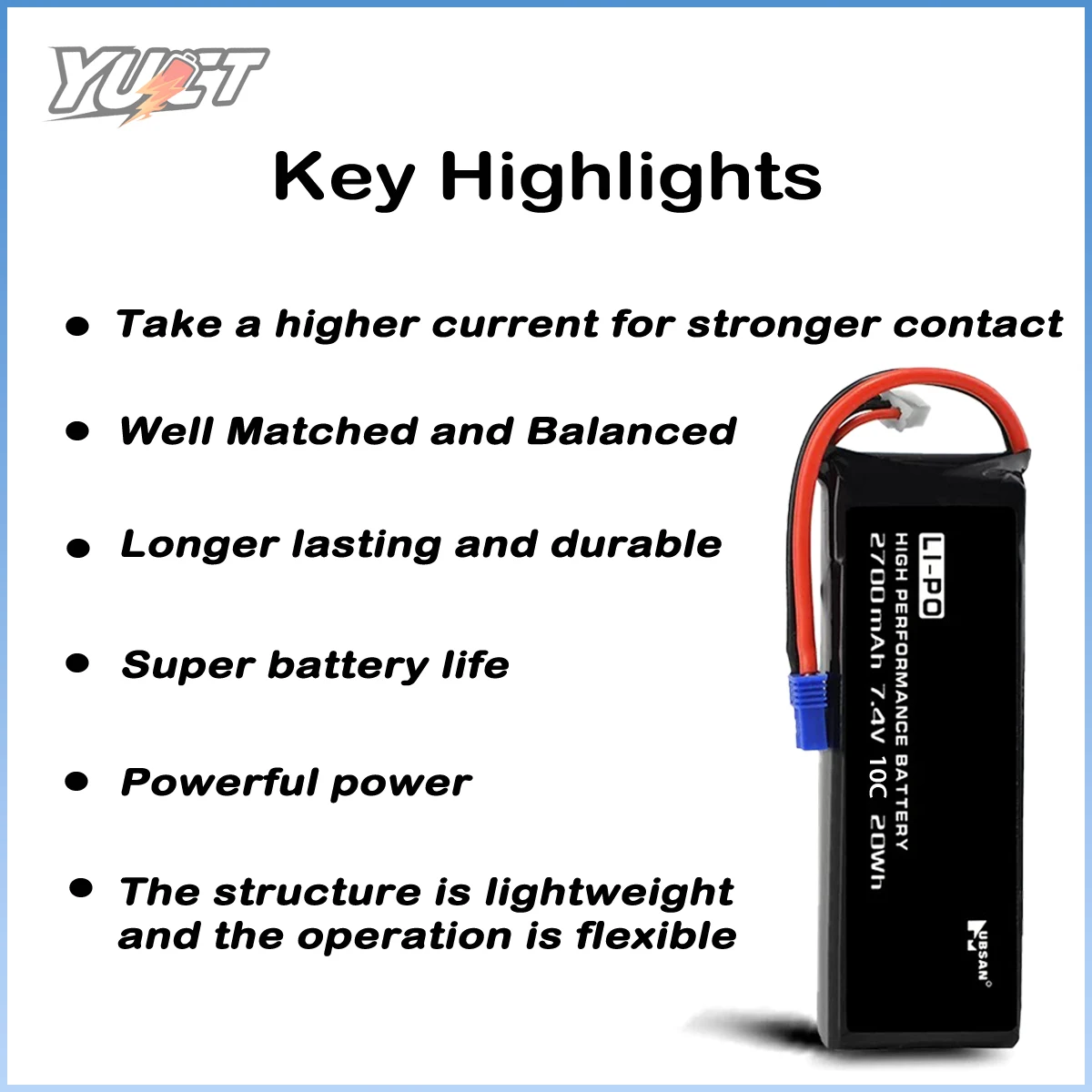 YUCT 2700mAh 7.4V 2S LiPo Battery for Hubsan H501S, H501C, X4 Quadcopter - with EC2 Plug - Replacement Drone Accessories Parts
