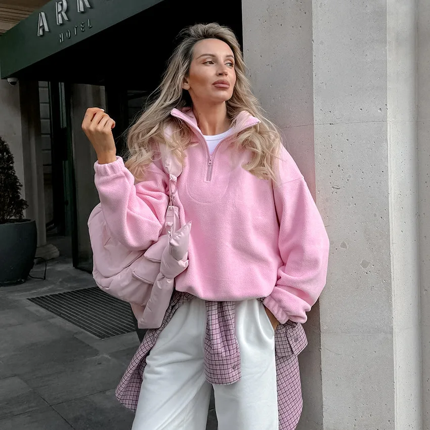 

Fleece-lined Auutmn Women Sweatshirt Turn Down Collar Half Zip Elastic Hem Coat For Female Slouchy-Style Minimalist Lady Jacket