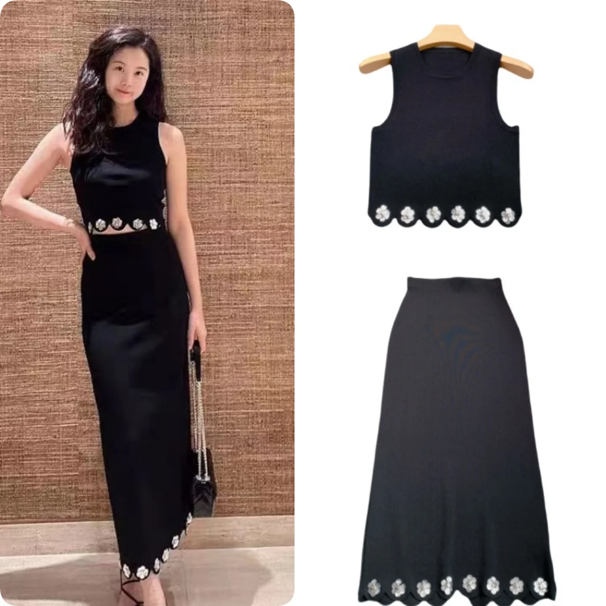 

Spring and summer new elegant handmade sequined flower sleeveless knitted sweater vest, hip hugging skirt set